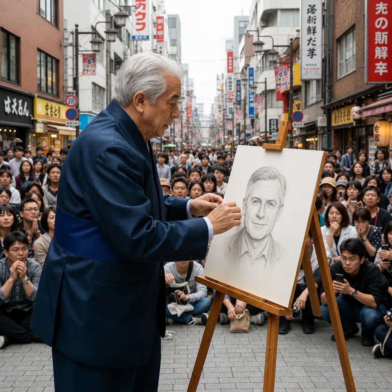 Soulmate Vision sketch artist drawing a graphite portrait at an easel on a Japanese shopping street